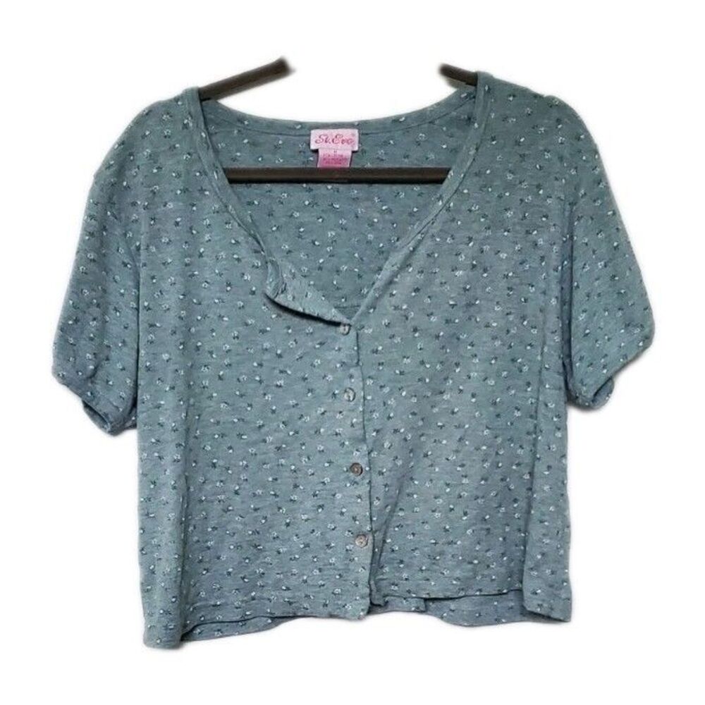 ST EVE Med Sage Green Cottagecore Floral Cropped Top Buttons Short Sleeves Fairy